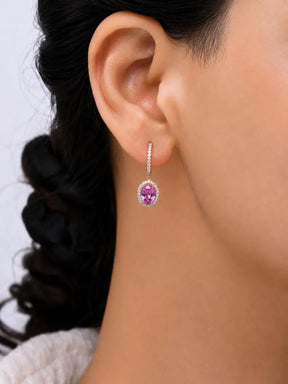 Oval Cut Natural Pink Sapphire Hoop Earrings: 14K Rose Gold, Halo Diamond Hoops - Evara Jewelry LLC
