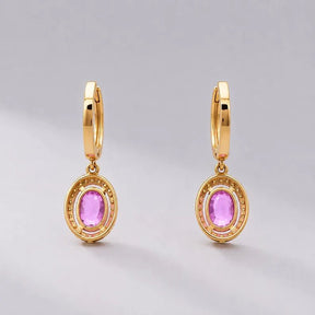 Oval Cut Natural Pink Sapphire Hoop Earrings: 14K Rose Gold, Halo Diamond Hoops - Evara Jewelry LLC