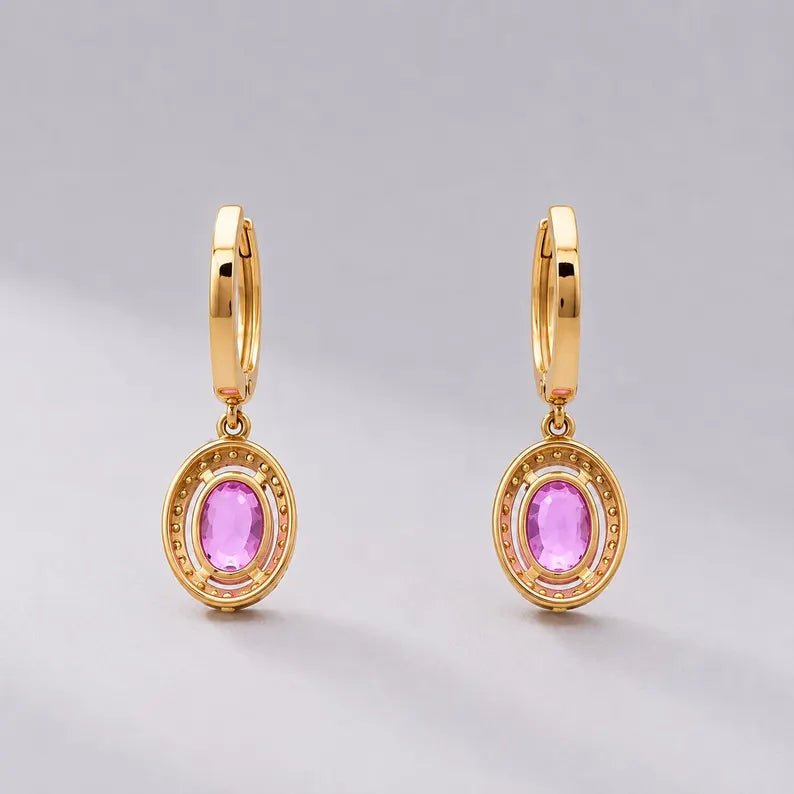 Oval Cut Natural Pink Sapphire Hoop Earrings: 14K Rose Gold, Halo Diamond Hoops - Evara Jewelry LLC