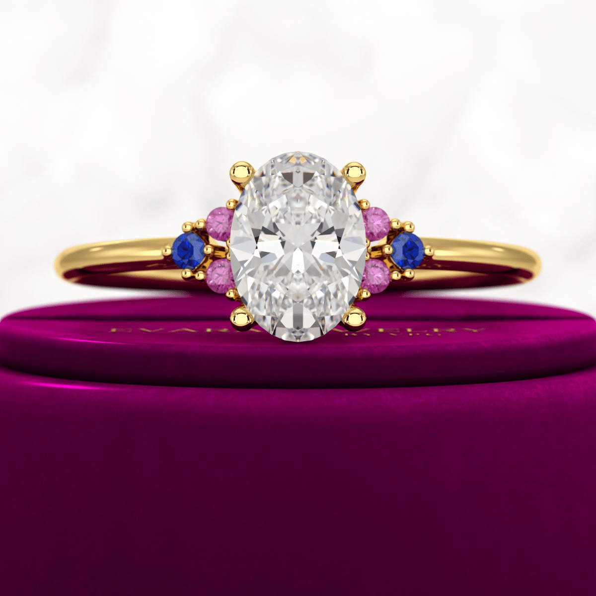 Oval CVD Diamond Engagement Ring with Natural Ruby & Sapphire - Evara Jewelry LLC