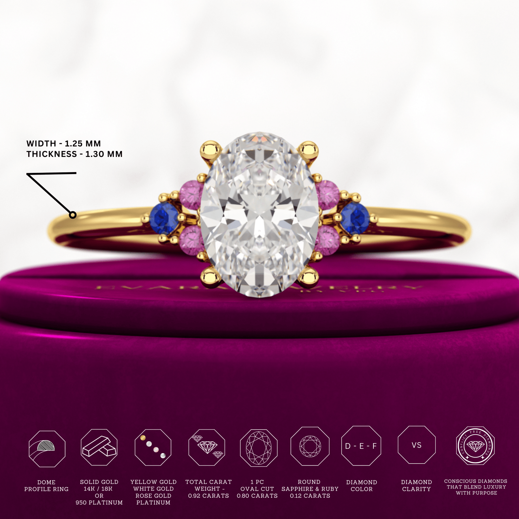 Oval CVD Diamond Engagement Ring with Natural Ruby & Sapphire - Evara Jewelry LLC