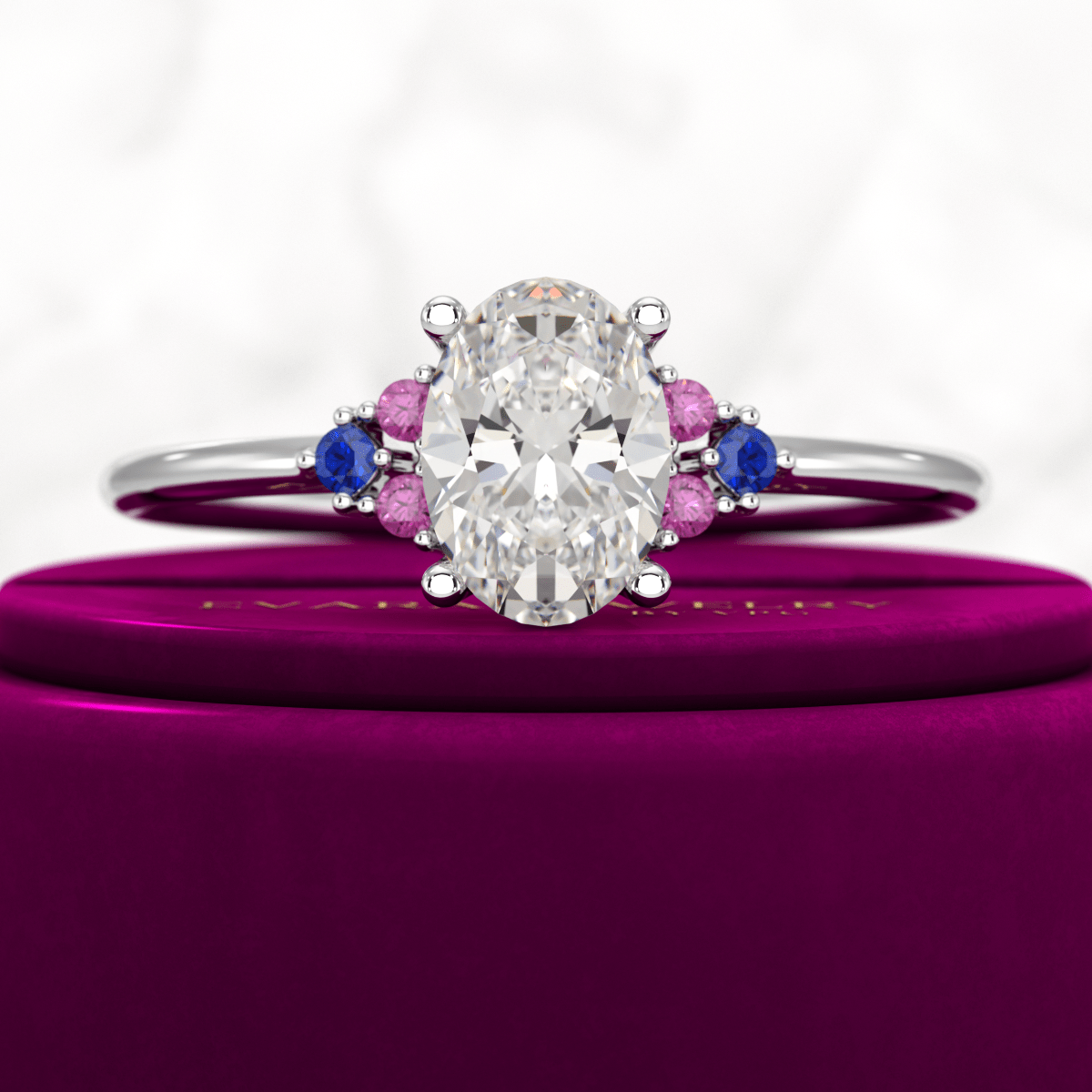 Oval CVD Diamond Engagement Ring with Natural Ruby & Sapphire - Evara Jewelry LLC