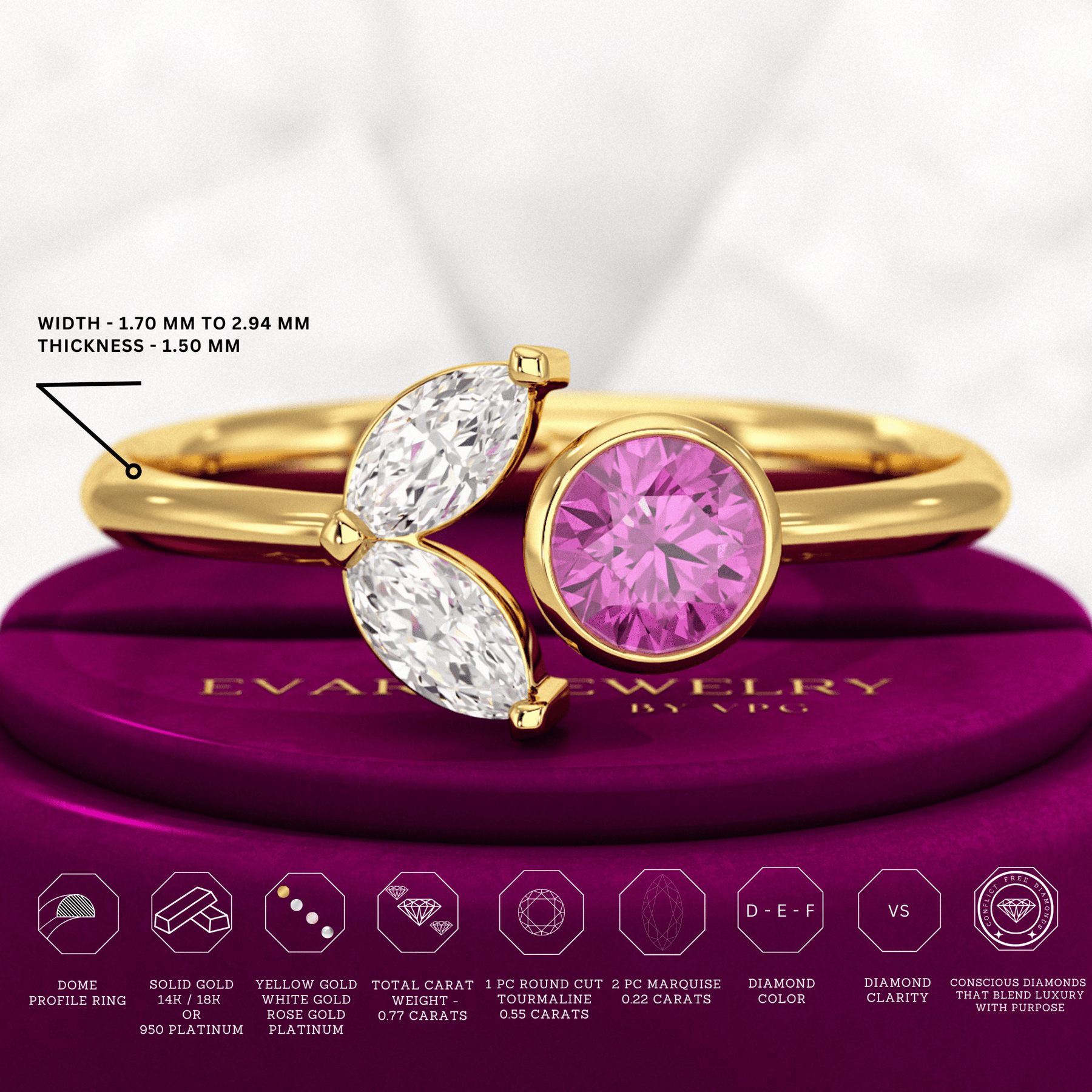 Pink Tourmaline & Diamond Wedding Stacking Front Open Ring - Evara Jewelry LLC