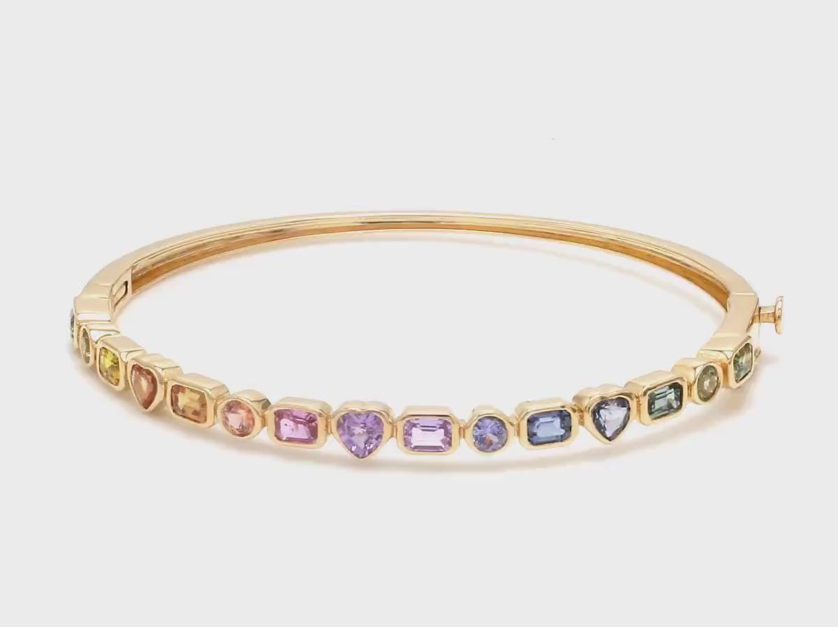 Natural Rainbow Sapphire Bezel Set Stacking Cuff Bracelet in 18K Yellow Gold