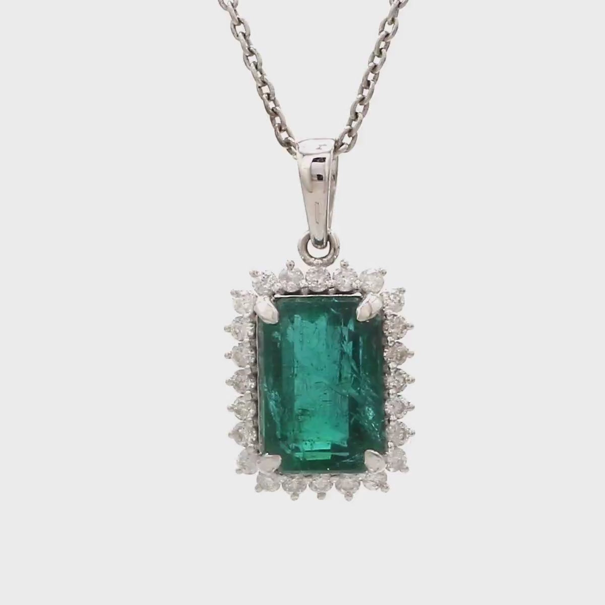 5 Carat Natural Emerald-Cut Emerald and Diamond Halo Pendant Necklace in 14K Gold