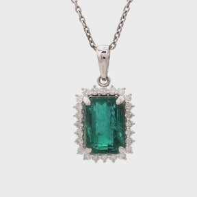 5 Carat Natural Emerald-Cut Emerald and Diamond Halo Pendant Necklace in 14K Gold