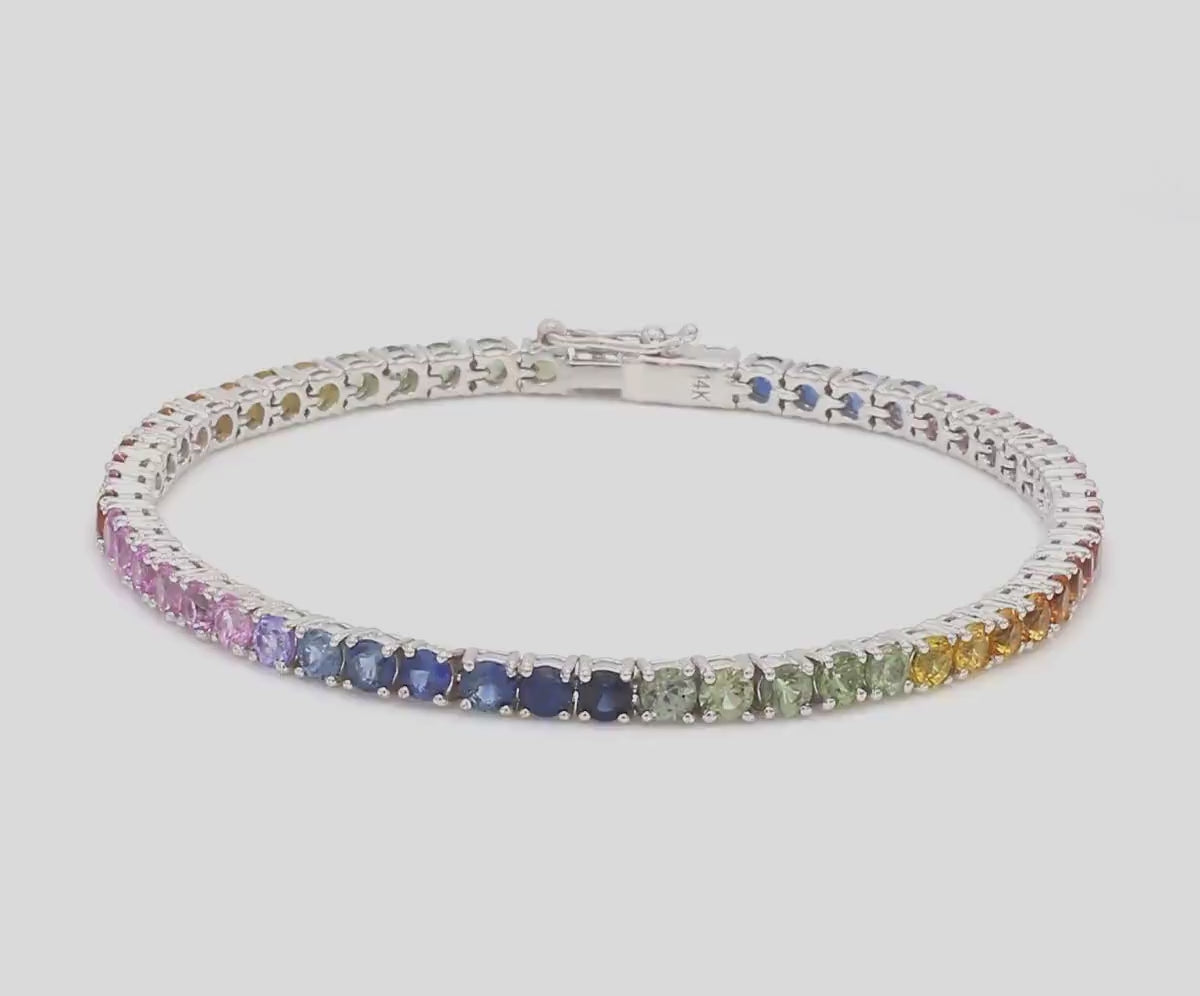 7 Carat Rainbow Sapphire Tennis Bracelet in 14K Solid Gold