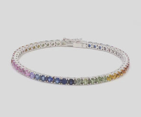 7 Carat Rainbow Sapphire Tennis Bracelet in 14K Solid Gold