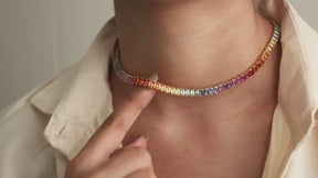 32 Carat Natural Emerald-Cut Rainbow Sapphire Prong-Set Tennis Necklace