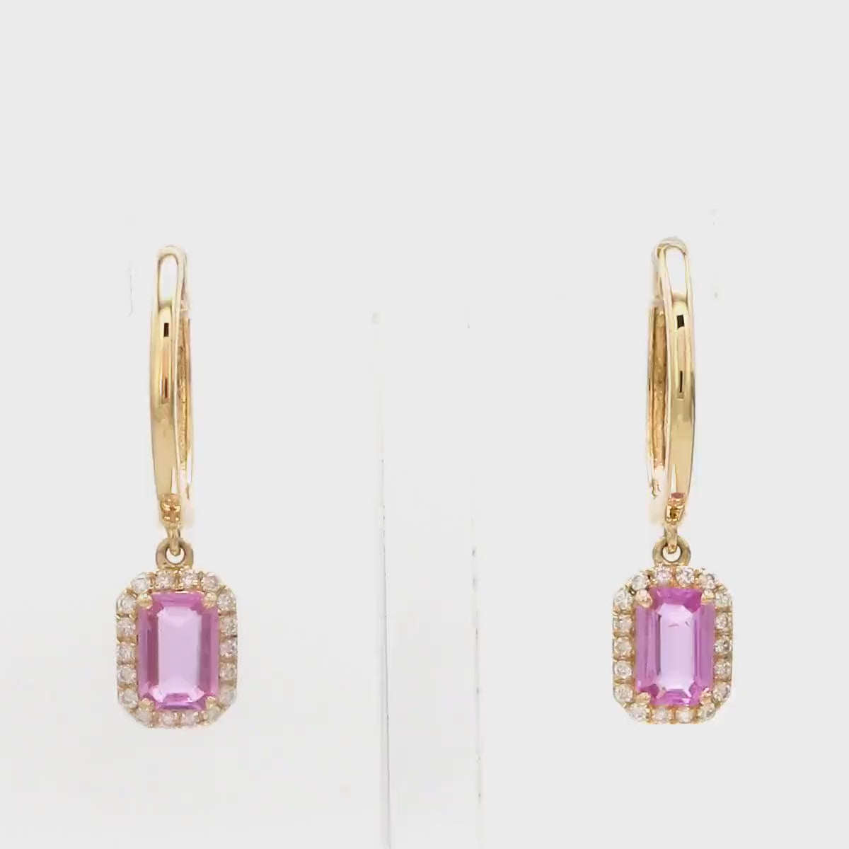 1 Carat Natural Pink Sapphire Hoop Earrings: Emerald Cut, 14K Yellow Gold