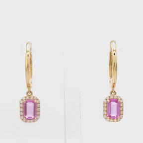 1 Carat Natural Pink Sapphire Hoop Earrings: Emerald Cut, 14K Yellow Gold