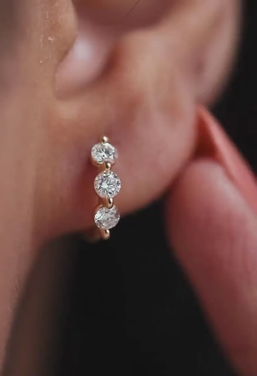 Lab Grown CVD Diamond Hoop Earrings: Three Stone Diamond Huggies, Birthday Gift for Her