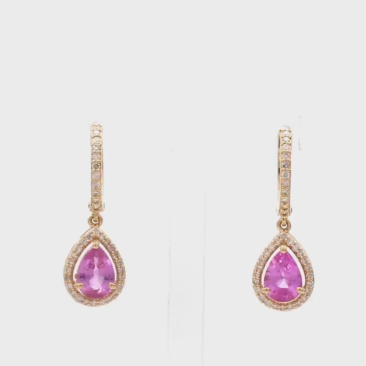 Oval Cut Natural Pink Sapphire Hoop Earrings: 14K Rose Gold, Halo Diamond Hoops