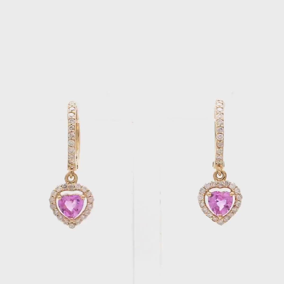 Natural Pink Sapphire Hoop Earrings: Heart Cut 14K Rose Gold, Halo Diamond Hoops