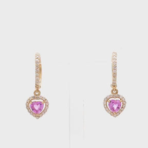 Natural Pink Sapphire Hoop Earrings: Heart Cut 14K Rose Gold, Halo Diamond Hoops