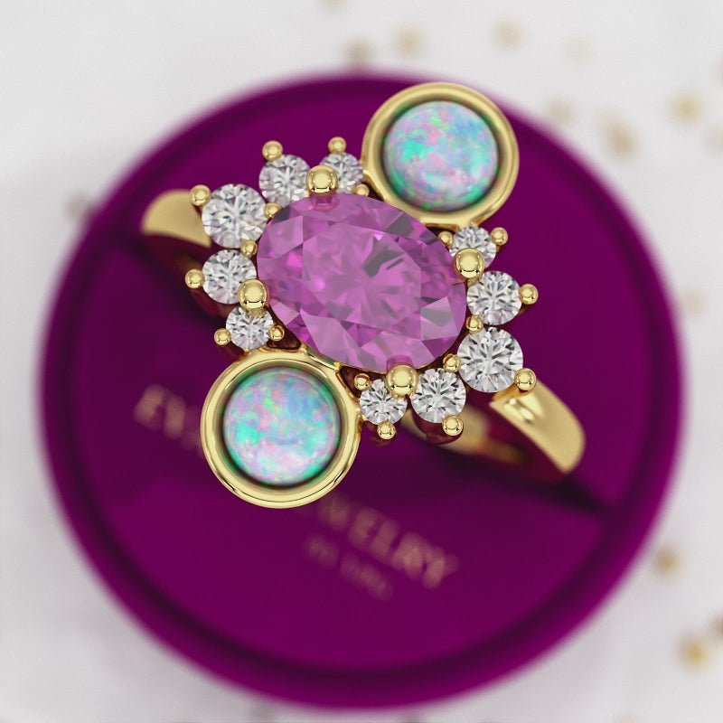 Purple Garnet Art Deco Multi Stone Statement Ring with Opal and Diamonds