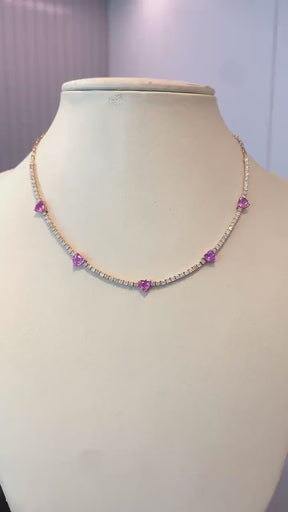 Natural Heart-Cut Pink Sapphire and Lab-Grown Diamond Tennis Necklace