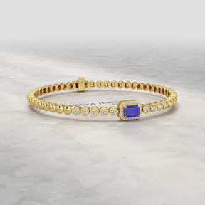 Diamond Tennis Bracelet with Emerald Cut Tanzanite in 14K Solid Gold