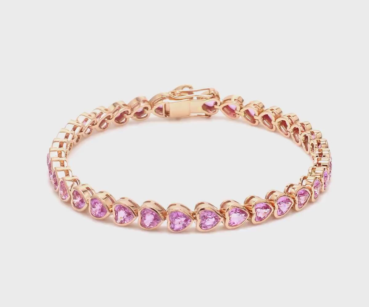 11 Carat Heart-Cut Natural Pink Sapphire Bezel Bracelet in 14K Gold