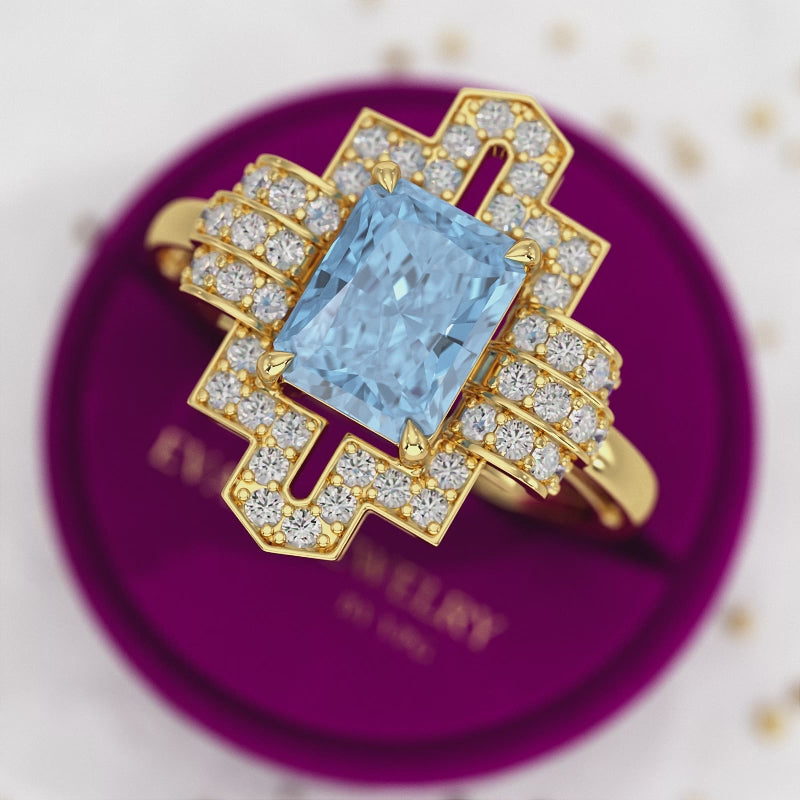 2 Carat Radiant Cut Ice Blue Diamond Art Deco Ring
