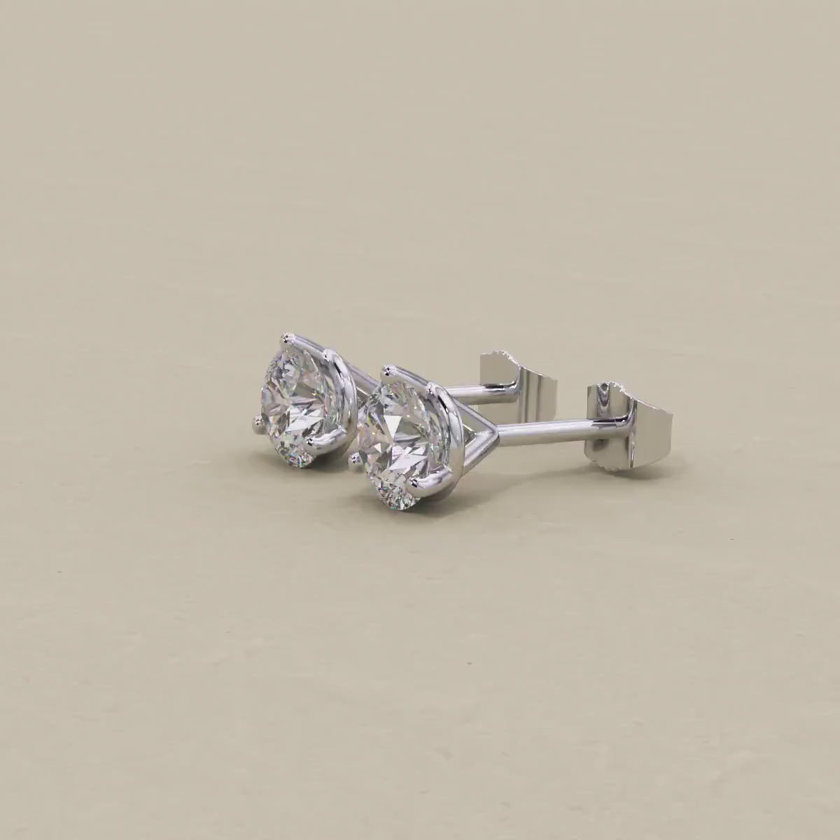 Round Cut Lab Grown Diamond Stud Earrings: Martini Setting, 3 Prong Push Back