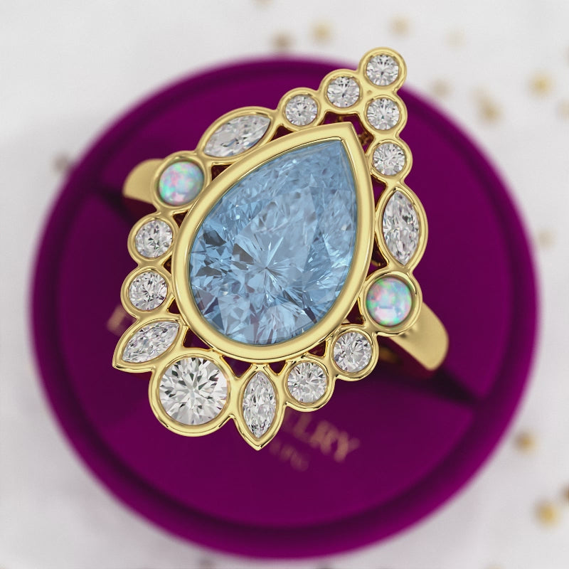 3 Carat Pear Cut Ice Blue Diamond Art Deco Ring with Opal