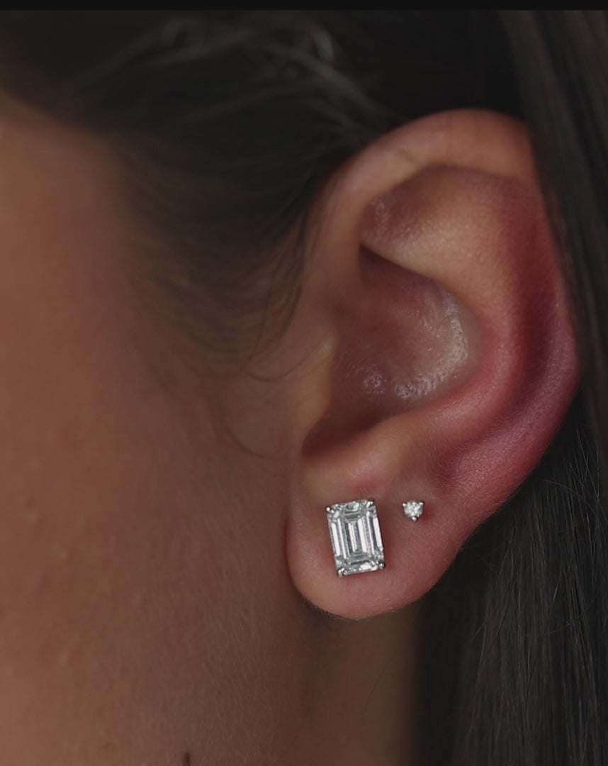 Emerald Cut Lab Grown Diamond Stud Earrings: 4 Prong Set, Push Back