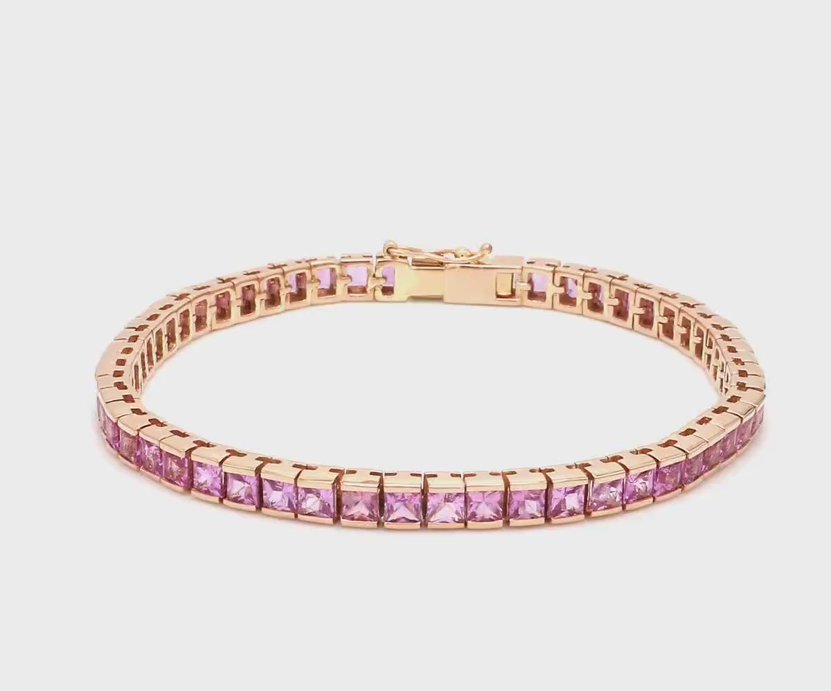 7 Carat Natural Pink Sapphire Princess-Cut Half-Bezel Tennis Bracelet in 18K Gold