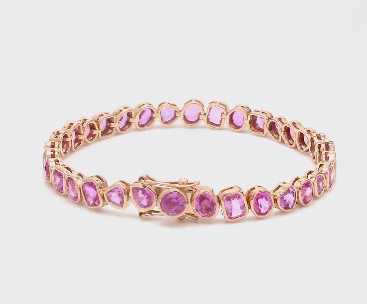12 Carat Natural Pink Sapphire Mixed-Shape Tennis Bracelet in 14K Gold
