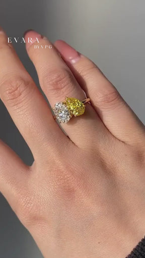 2.25 Carat Oval Diamond & Pear Cut Intense Yellow Diamond Toi Et Moi Two Stone Ring