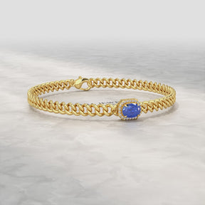 10K Solid Gold Cuban Chain Link Bracelet with Natural Blue Sapphire & Lab Grown Diamonds