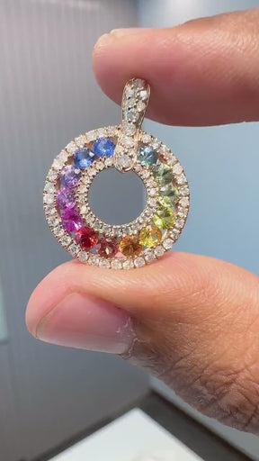 Natural Rainbow Sapphire and Lab-Grown Diamond Circle Pendant Necklace in 14K Gold