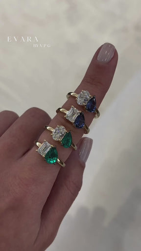 2.30 Carat Oval Cut Diamond & Pear Cut Emerald Toi Et Moi Two Stone Ring
