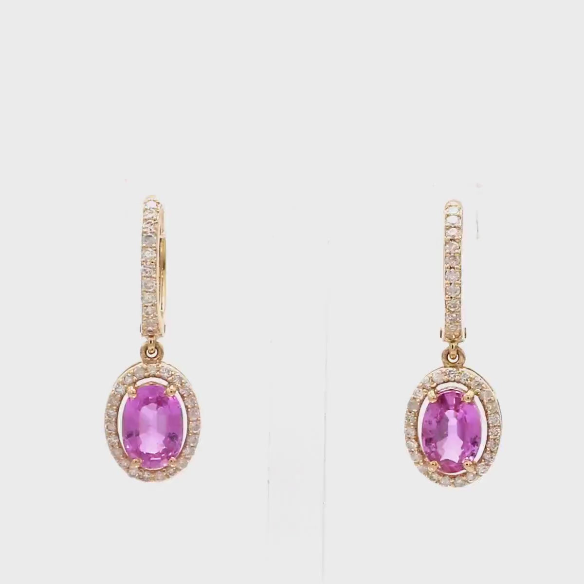 Oval Cut Natural Pink Sapphire Hoop Earrings: 14K Solid Gold, Halo Diamond Hoops