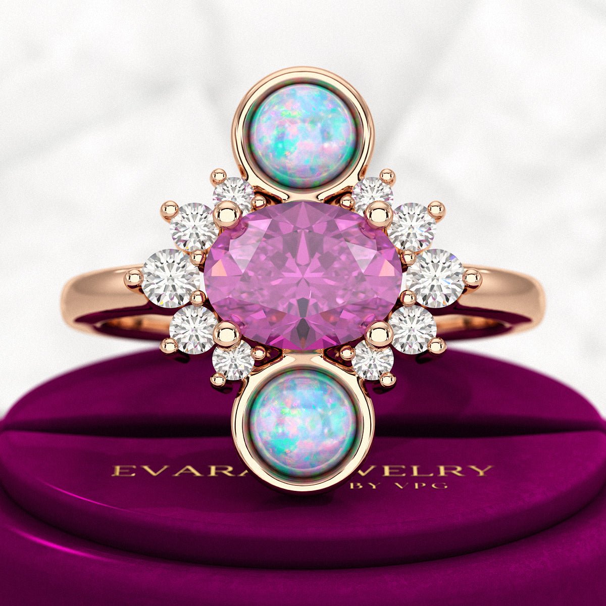 Purple Garnet Art Deco Multi Stone Statement Ring with Opal and Diamonds - Evara Jewelry LLC