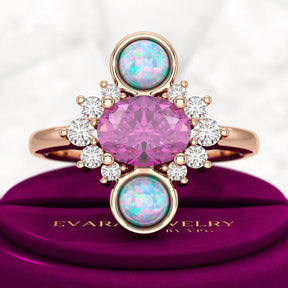 Purple Garnet Art Deco Multi Stone Statement Ring with Opal and Diamonds - Evara Jewelry LLC