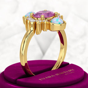 Purple Garnet Art Deco Multi Stone Statement Ring with Opal and Diamonds - Evara Jewelry LLC