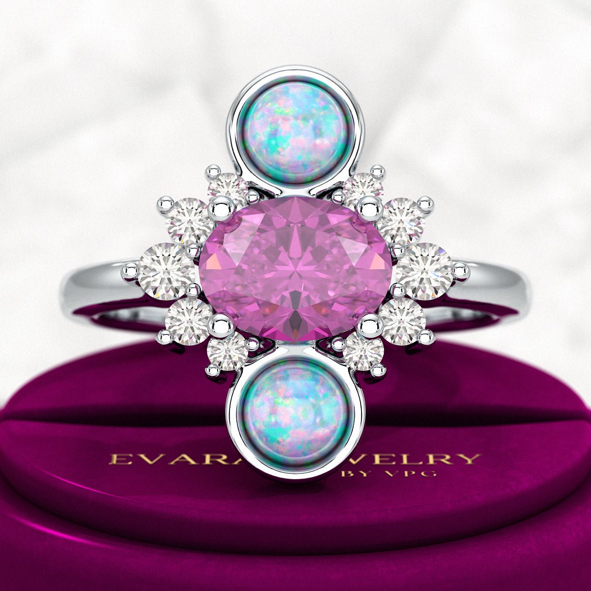 Purple Garnet Art Deco Multi Stone Statement Ring with Opal and Diamonds - Evara Jewelry LLC