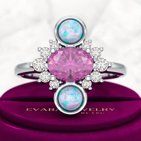 Purple Garnet Art Deco Multi Stone Statement Ring with Opal and Diamonds - Evara Jewelry LLC