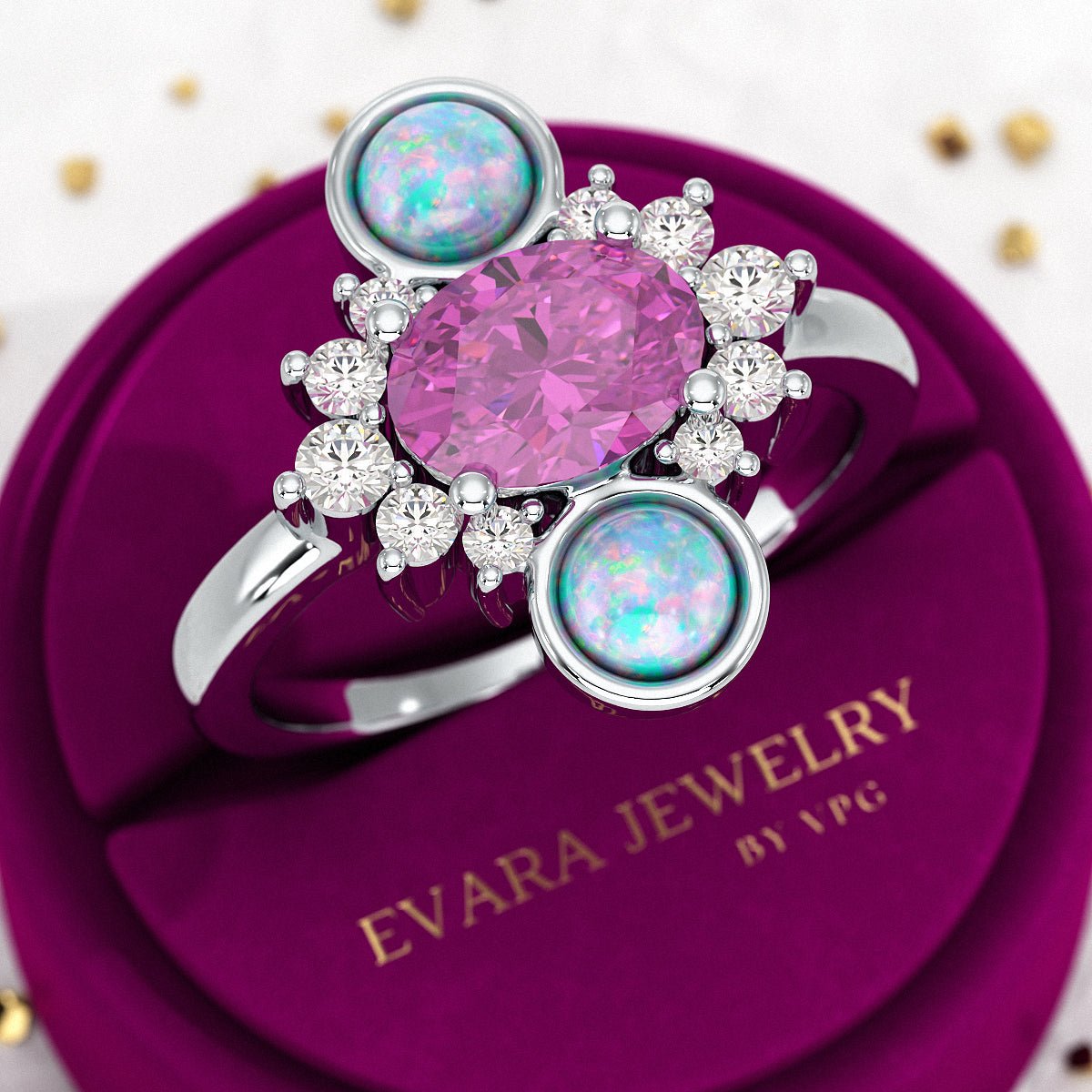 Purple Garnet Art Deco Multi Stone Statement Ring with Opal and Diamonds - Evara Jewelry LLC