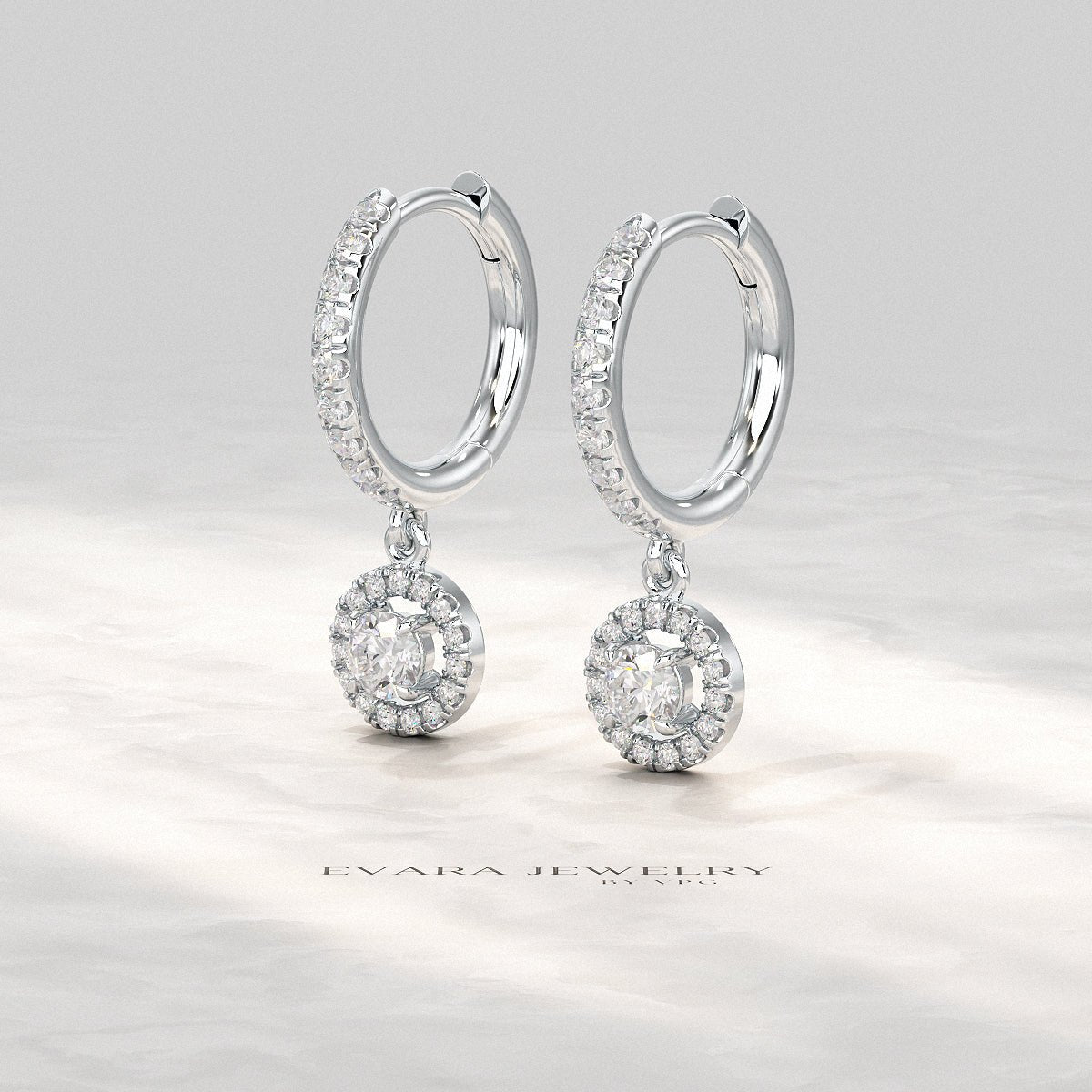Round Cut Halo Drop Diamond Huggies Earrings - Evara Jewelry LLC