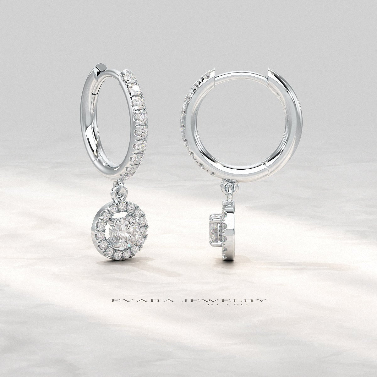 Round Cut Halo Drop Diamond Huggies Earrings - Evara Jewelry LLC