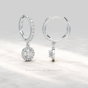 Round Cut Halo Drop Diamond Huggies Earrings - Evara Jewelry LLC