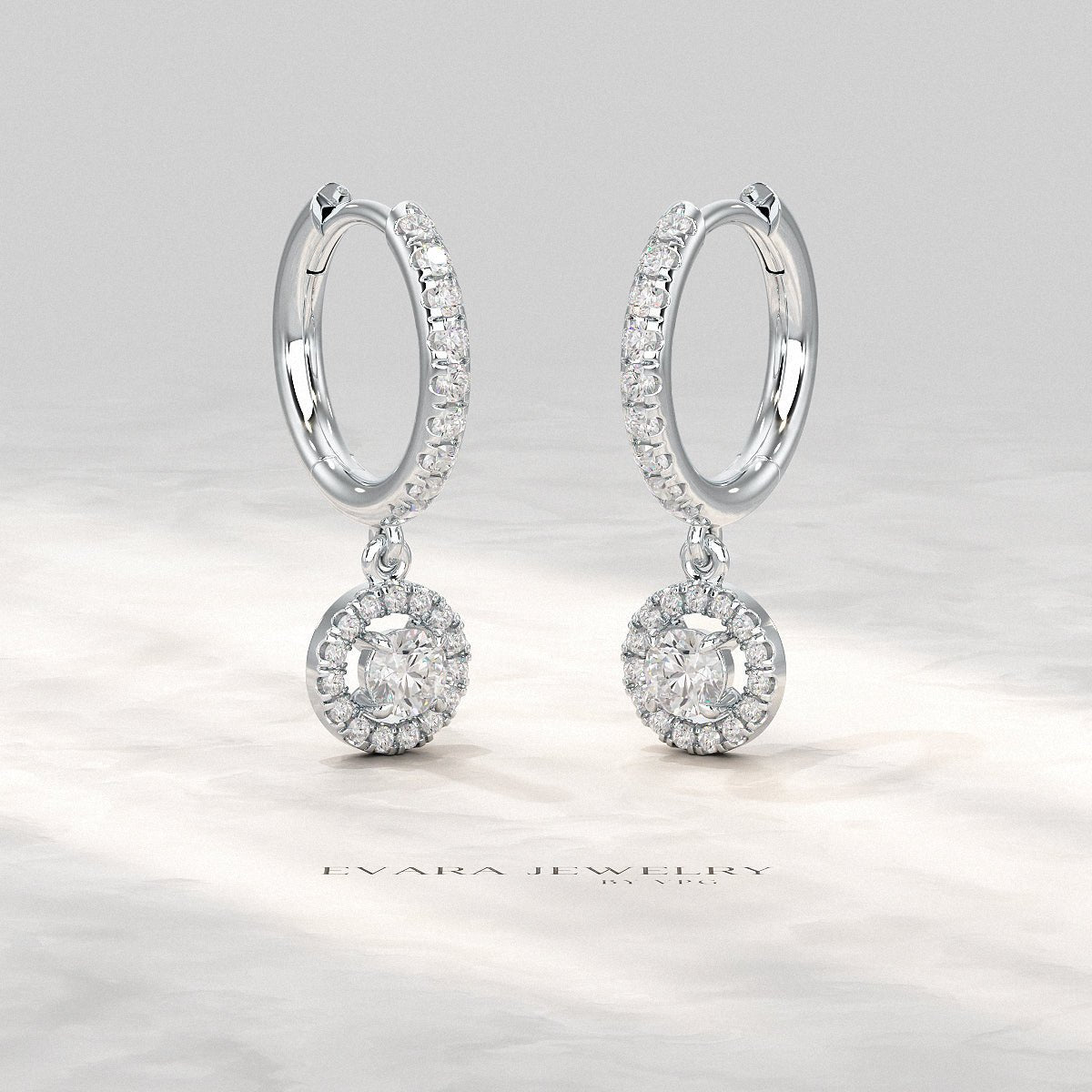 Round Cut Halo Drop Diamond Huggies Earrings - Evara Jewelry LLC