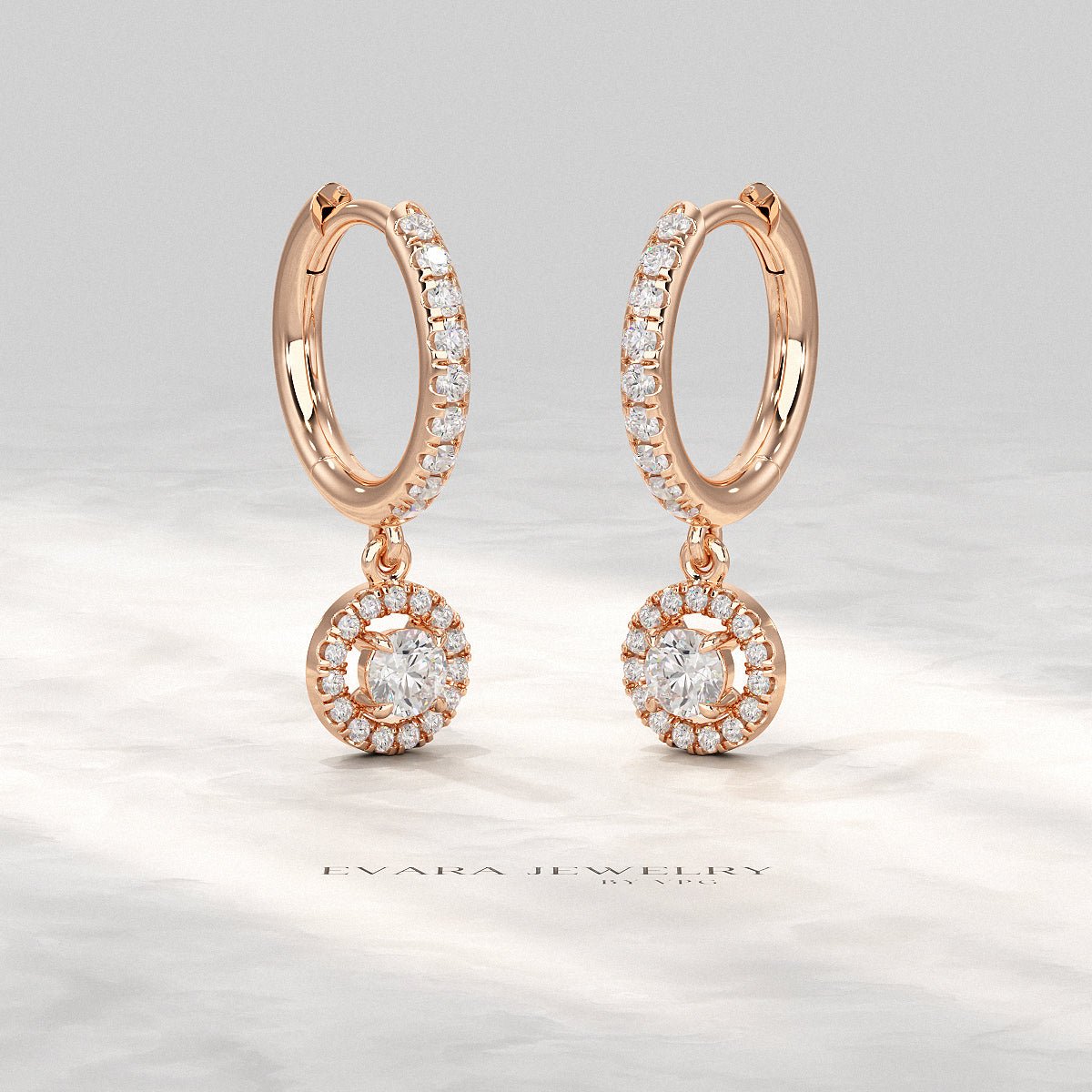 Round Cut Halo Drop Diamond Huggies Earrings - Evara Jewelry LLC