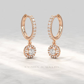 Round Cut Halo Drop Diamond Huggies Earrings - Evara Jewelry LLC