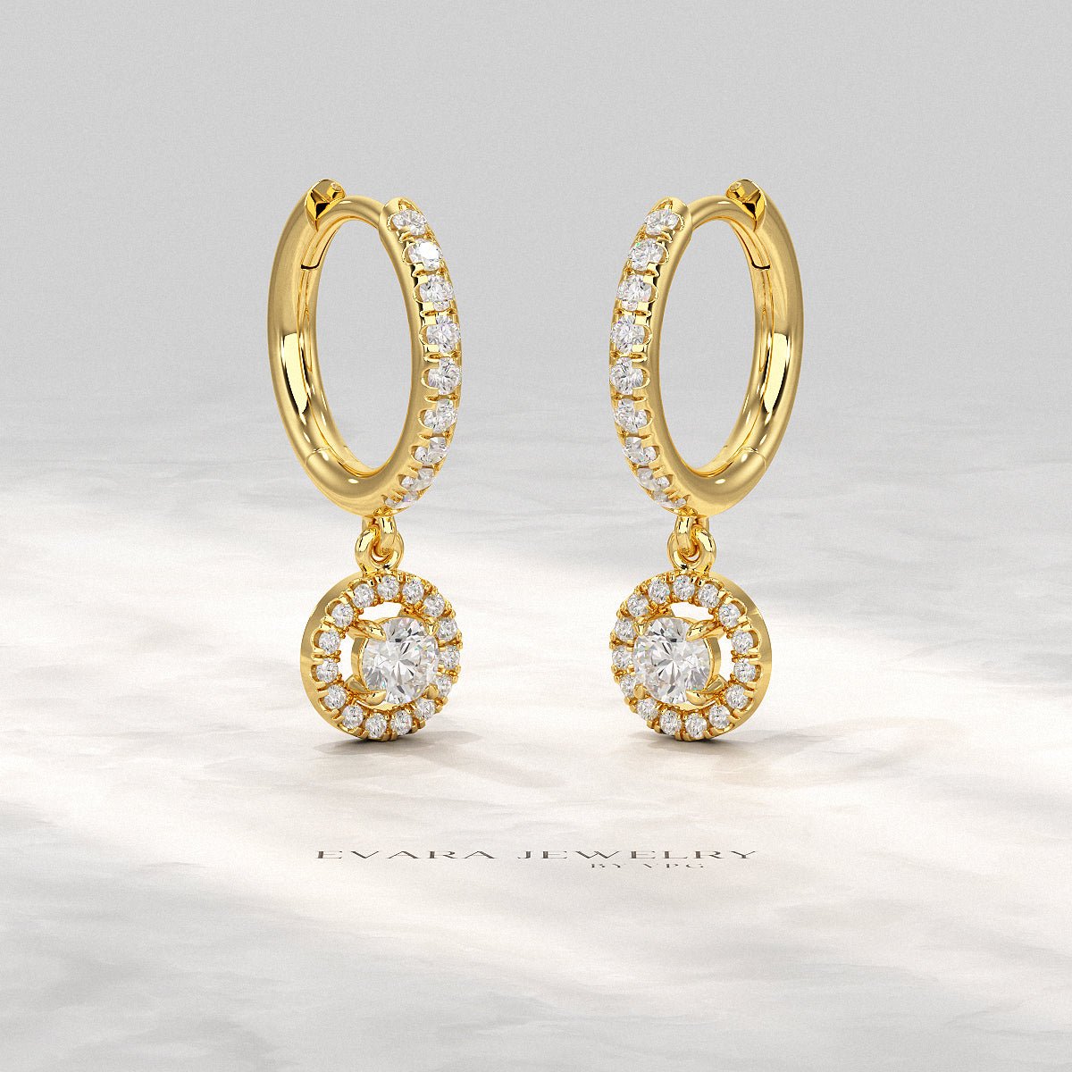 Round Cut Halo Drop Diamond Huggies Earrings - Evara Jewelry LLC