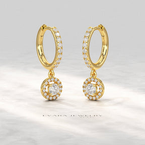 Round Cut Halo Drop Diamond Huggies Earrings - Evara Jewelry LLC