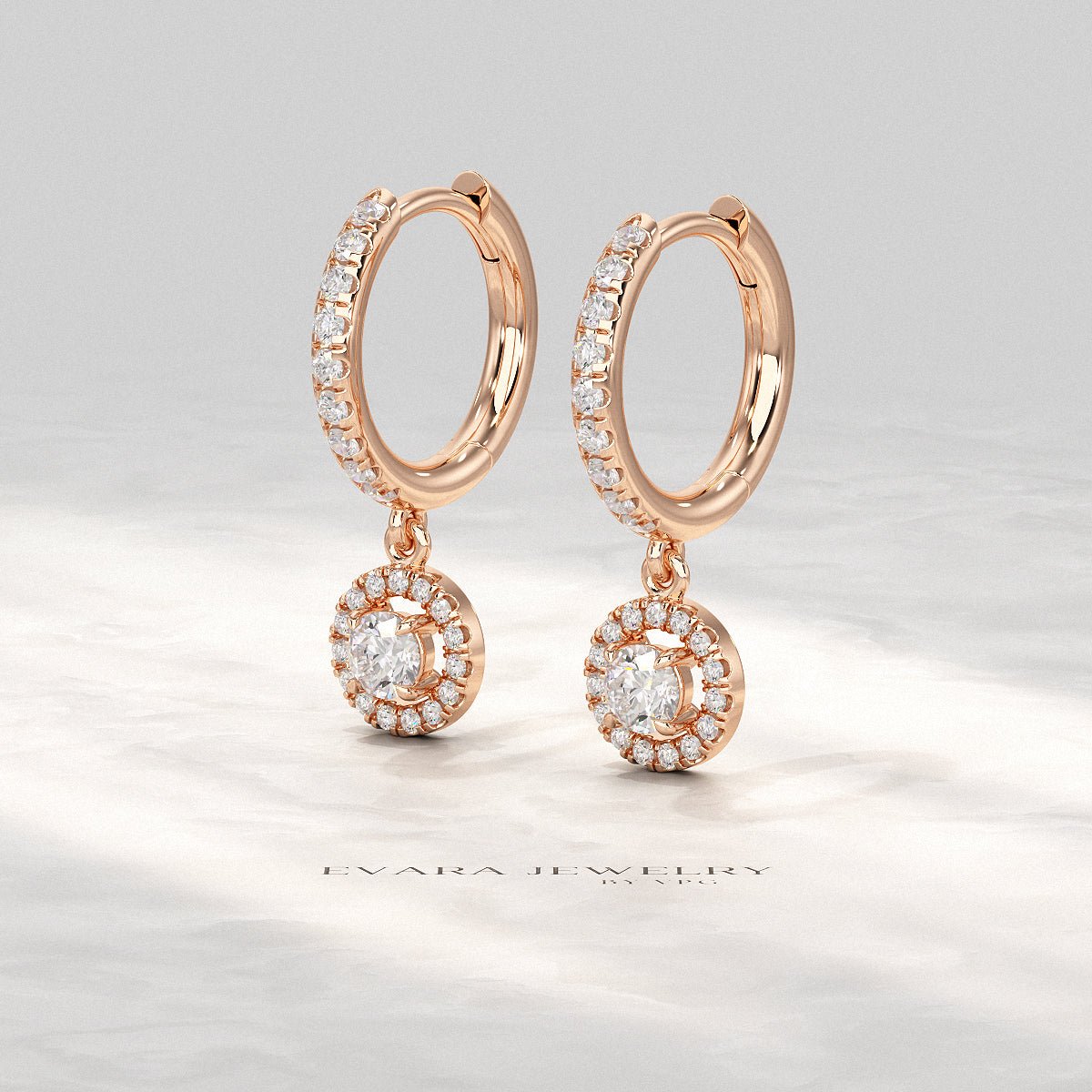 Round Cut Halo Drop Diamond Huggies Earrings - Evara Jewelry LLC