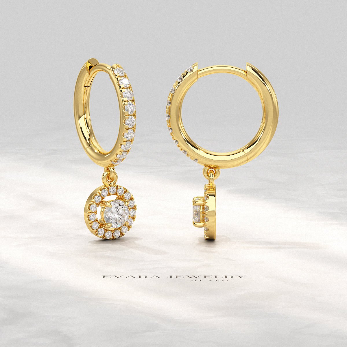 Round Cut Halo Drop Diamond Huggies Earrings - Evara Jewelry LLC